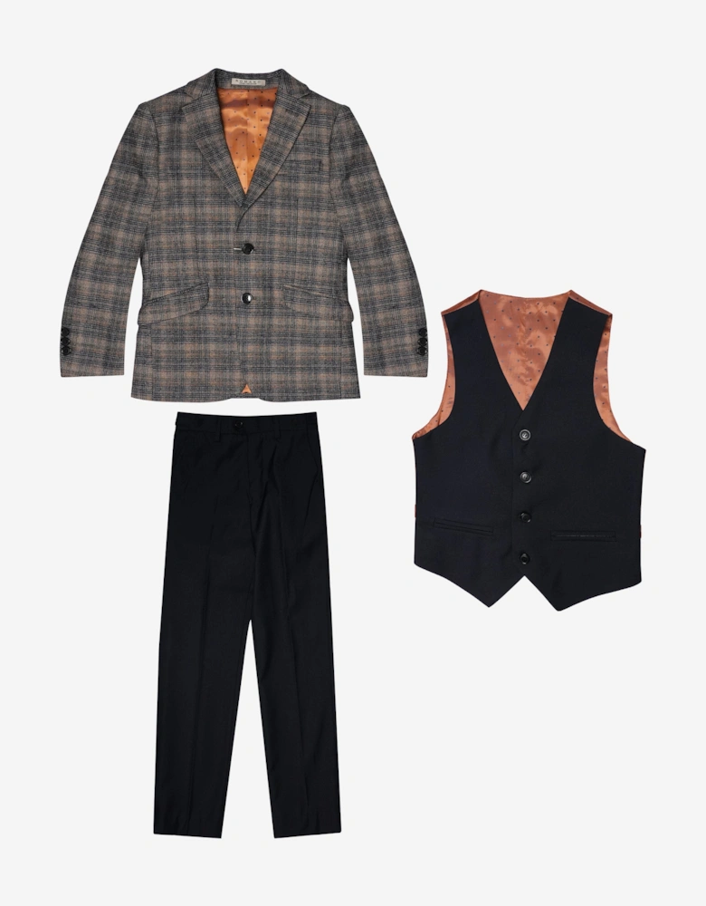 Romano Boys Check 3 Piece Suit in Brown