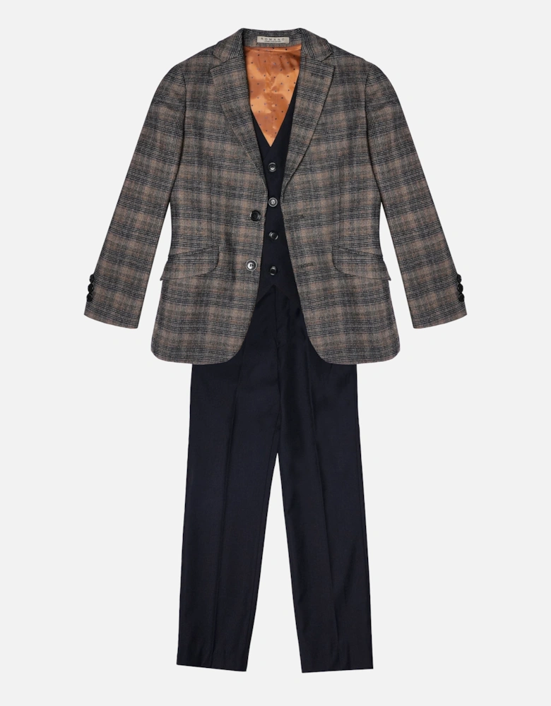 Romano Boys Check 3 Piece Suit in Brown