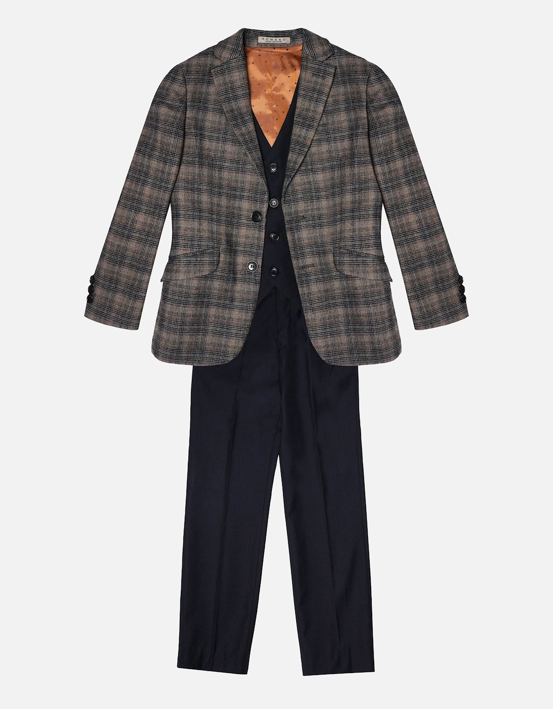 Romano Boys Check 3 Piece Suit in Brown