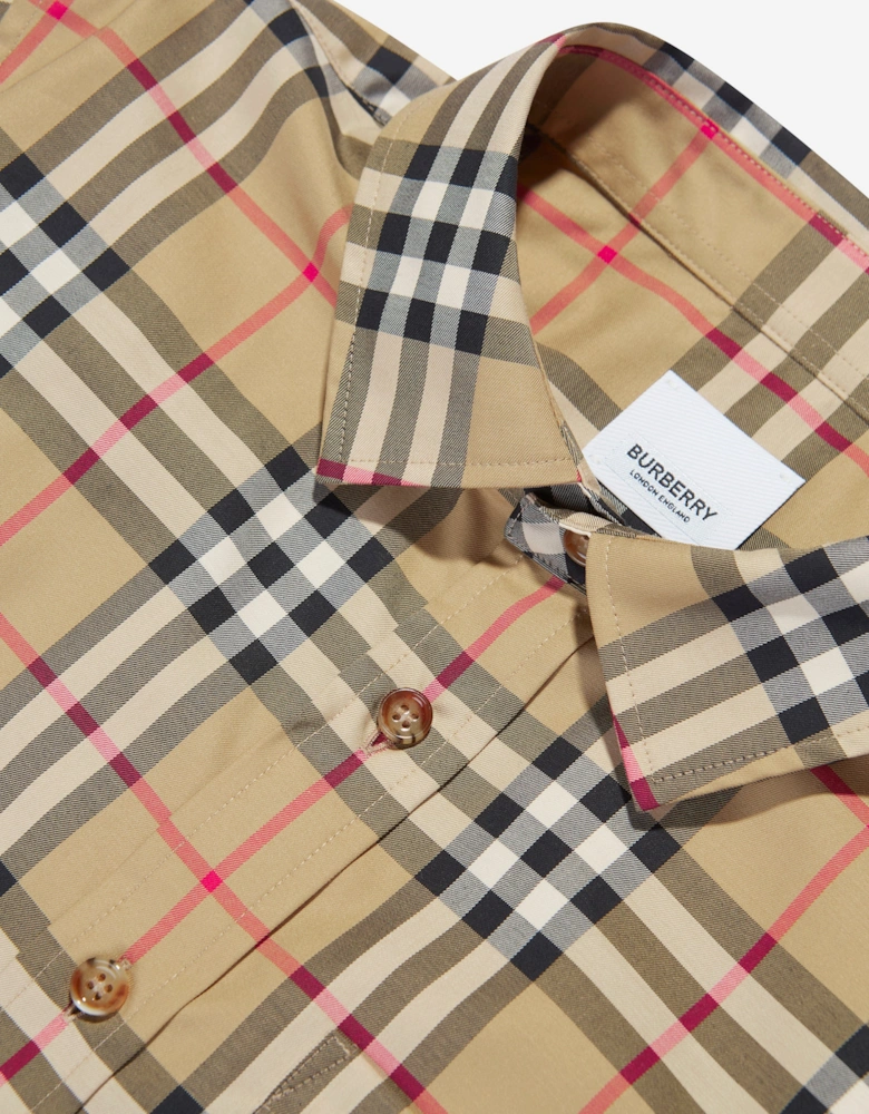 Boys Owen Long Sleeve Check Shirt in Beige