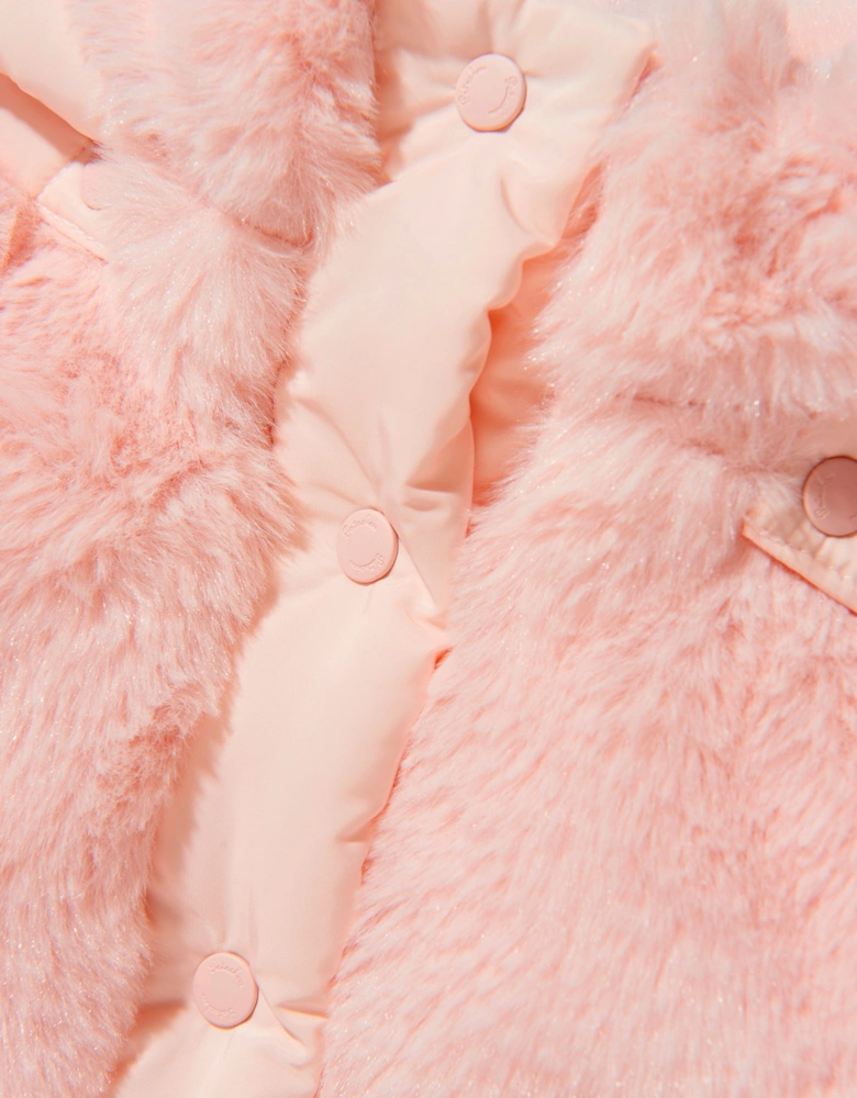Girls Faux Fur Trim Hooded Coat