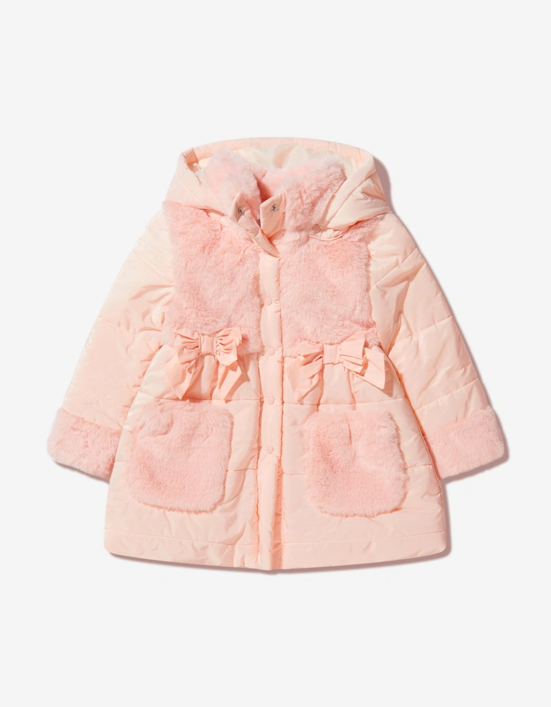 Girls Faux Fur Trim Hooded Coat
