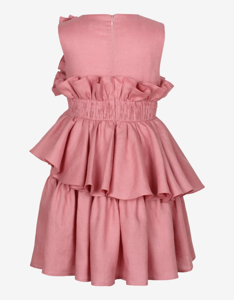 Girls Wreath Linen Ruffle Dress in Pink