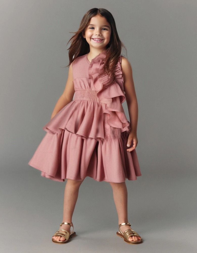 Girls Wreath Linen Ruffle Dress in Pink
