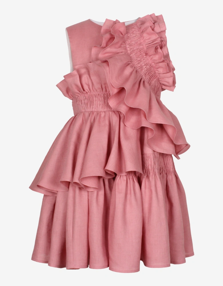 Girls Wreath Linen Ruffle Dress in Pink