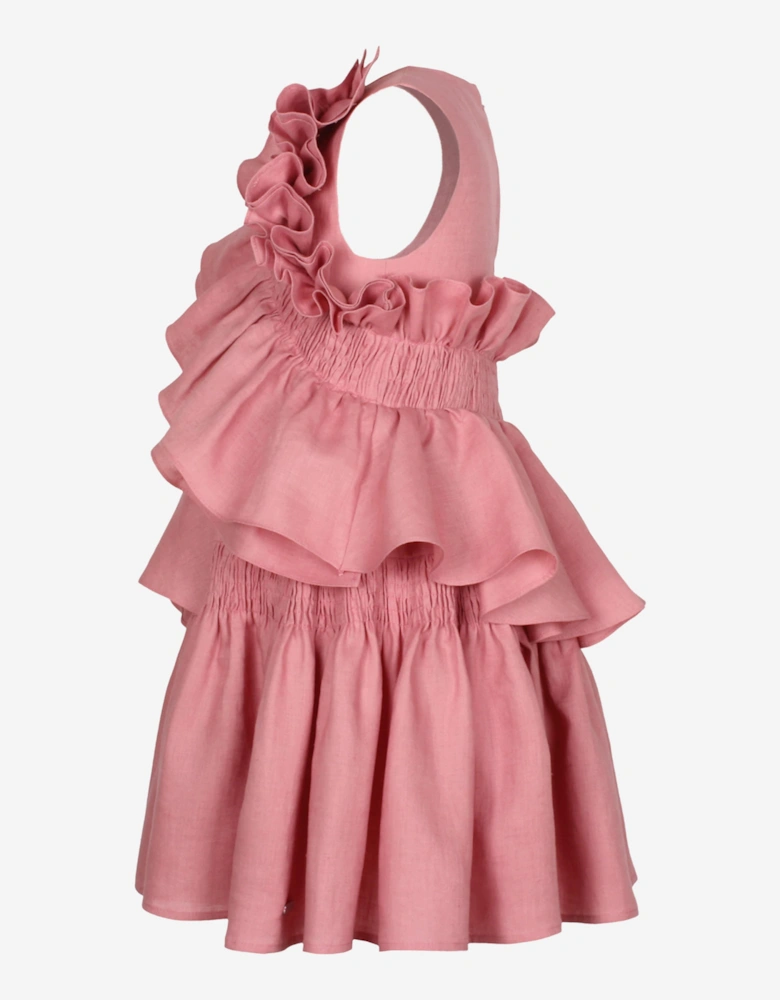 Girls Wreath Linen Ruffle Dress in Pink