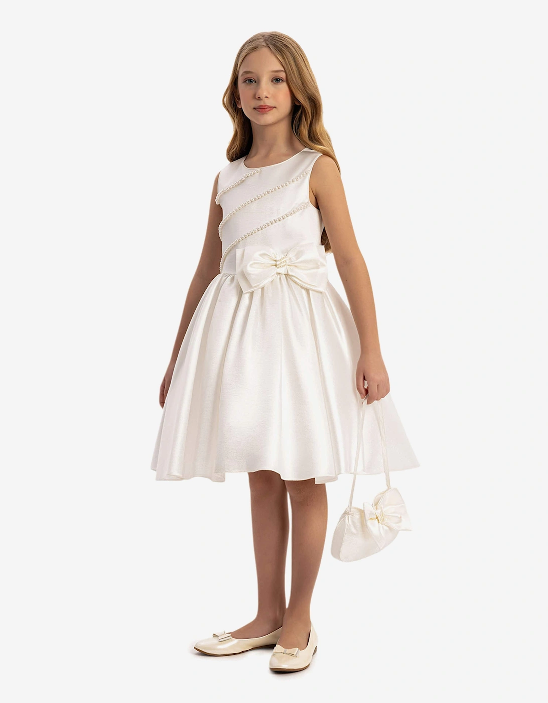 Girls Satin Dress with Matching Bag in White