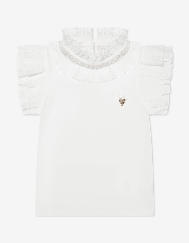 Angels Face Girls Pearlee Pleated Pearl Collar Top in White