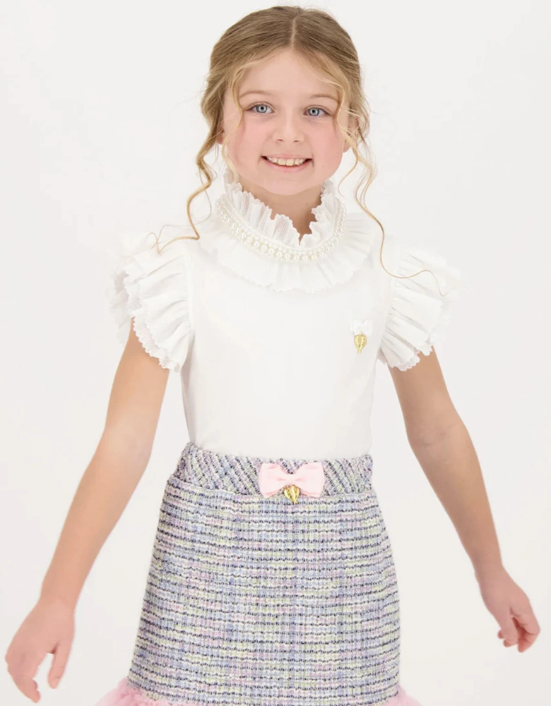 Angels Face Girls Pearlee Pleated Pearl Collar Top in White
