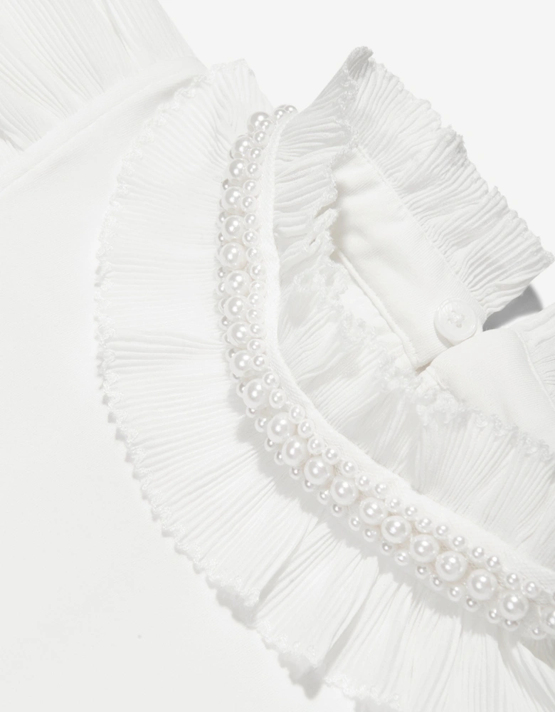 Angels Face Girls Pearlee Pleated Pearl Collar Top in White