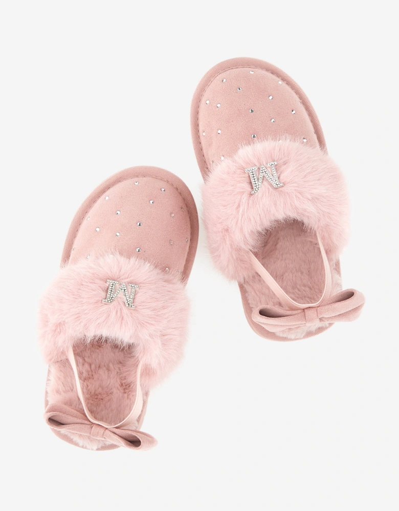 Girls Suede Slippers With Rhinestones in Pink