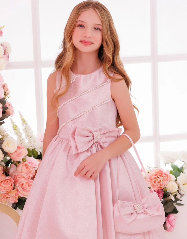 Girls Satin Dress with Matching Bag in Pink