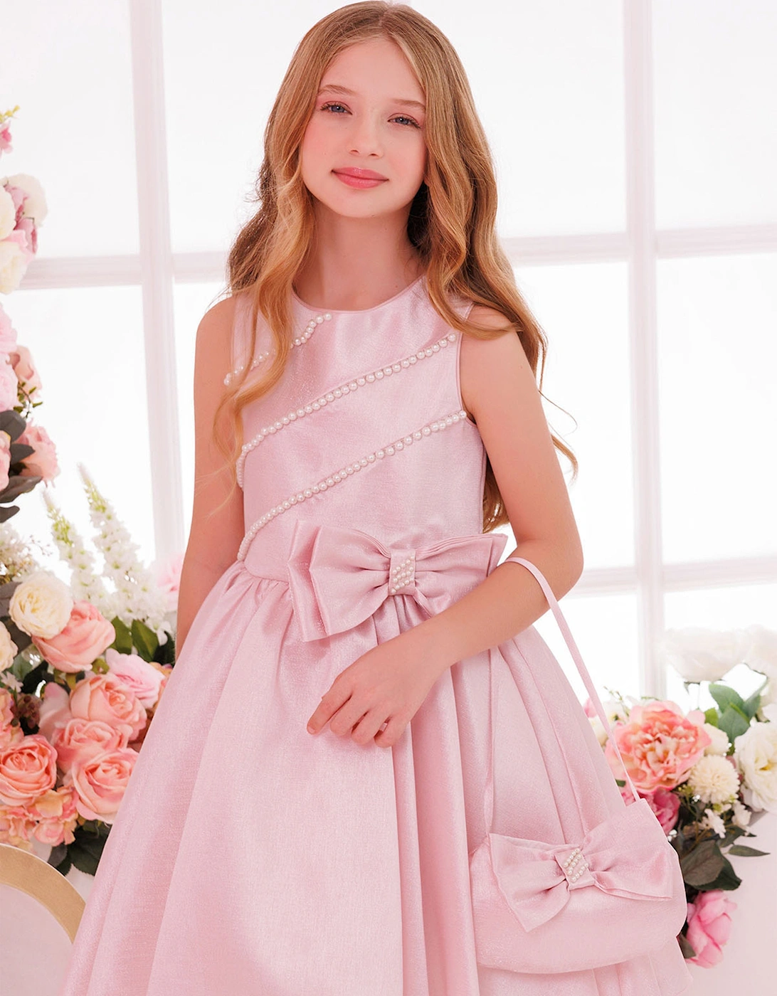 Girls Satin Dress with Matching Bag in Pink