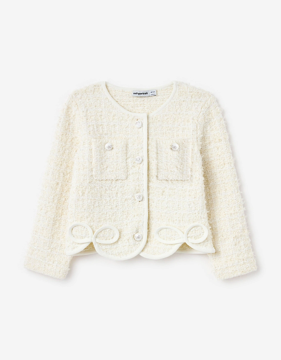 Self Portrait Girls Textured Bow Detail Knit Cardigan in Ivory - Cream - Size: 3 years/4 years