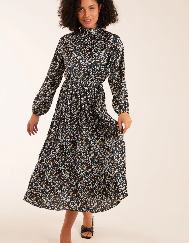 Abstract Animal Print High Neck Blouson Dress