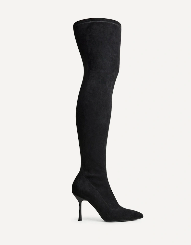 Laney Black Faux Suede Thigh High Strech Stiletto Heel Boot