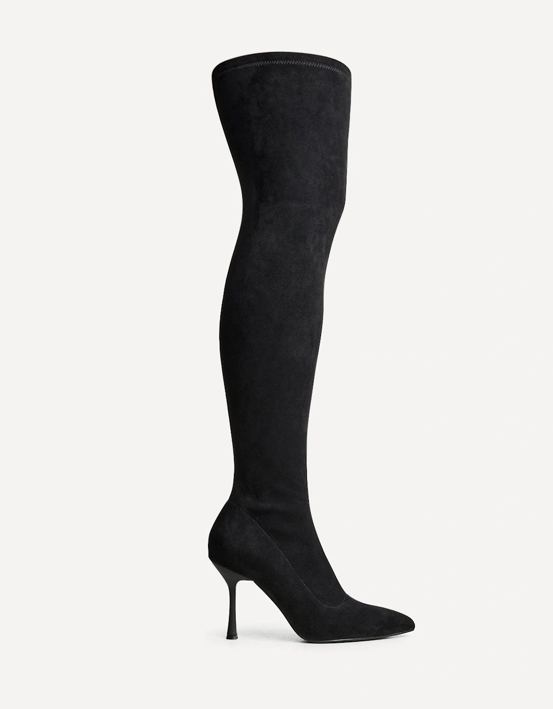Laney Black Faux Suede Thigh High Strech Stiletto Heel Boot, 2 of 1