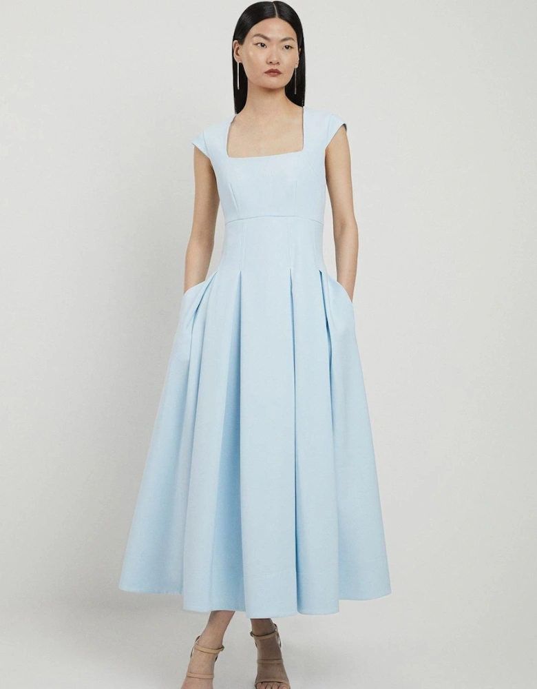 Petite Clean Tailored Square Neck Full Skirted Midi Dress