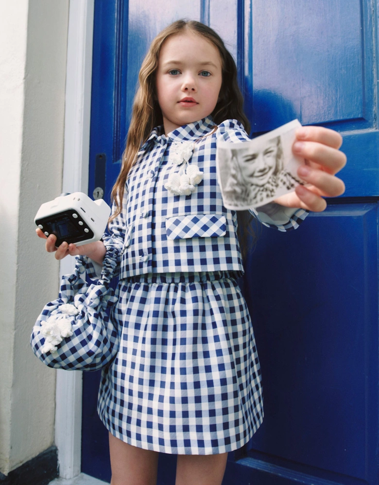Girls Gingham Taffeta Skirt in Navy