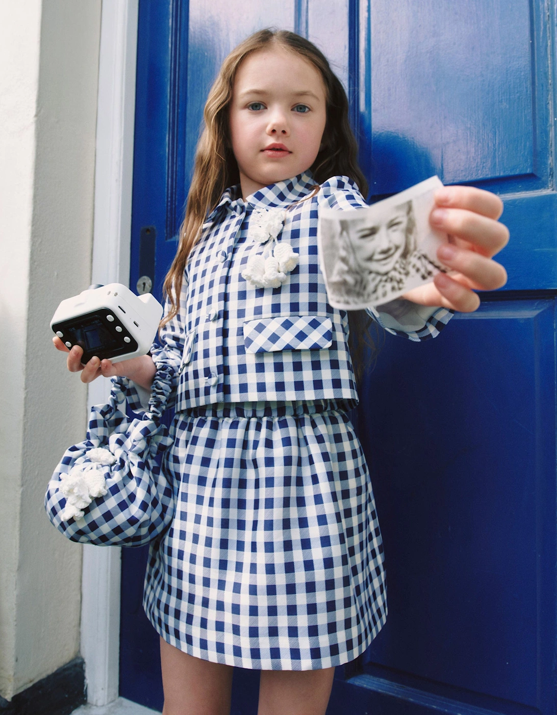 Girls Gingham Taffeta Skirt in Navy