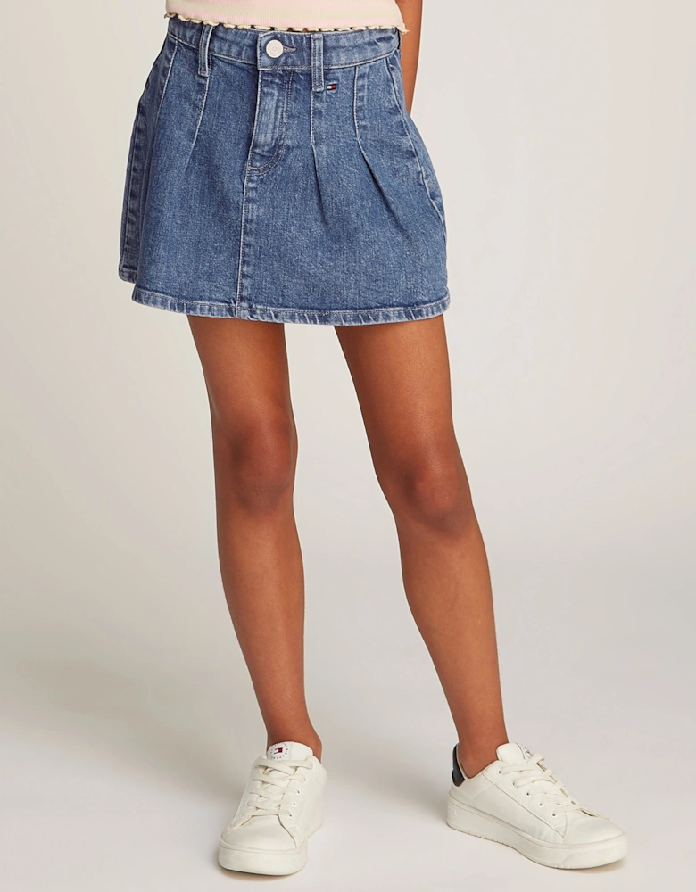 Girls Denim Pleated Skirt in Blue
