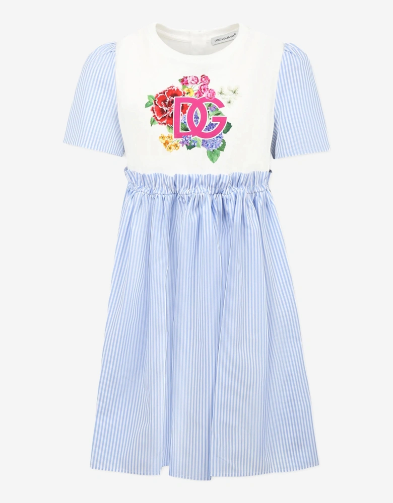 Girls Striped Floral Logo Dress in Blue