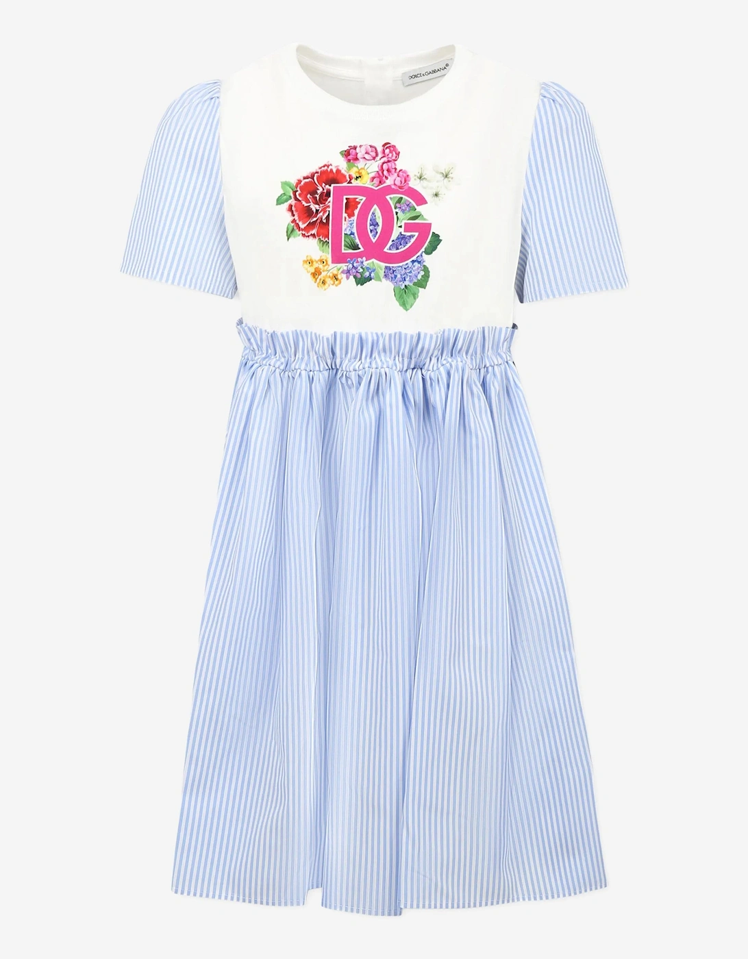 Girls Striped Floral Logo Dress in Blue, 5 of 4
