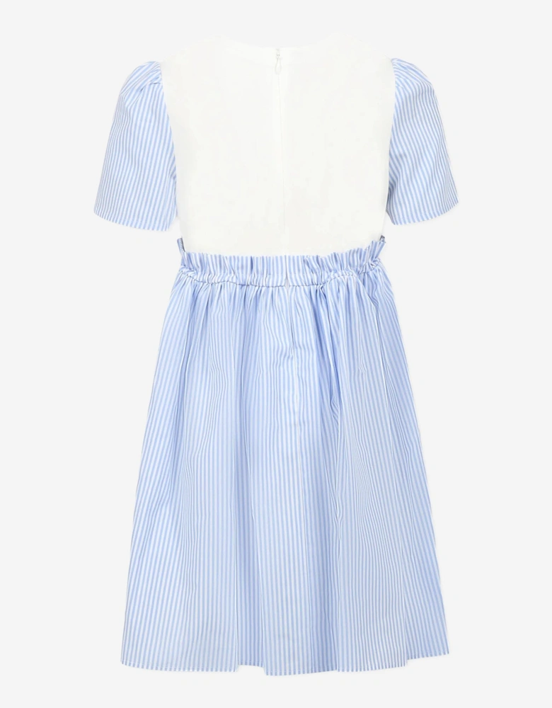 Girls Striped Floral Logo Dress in Blue