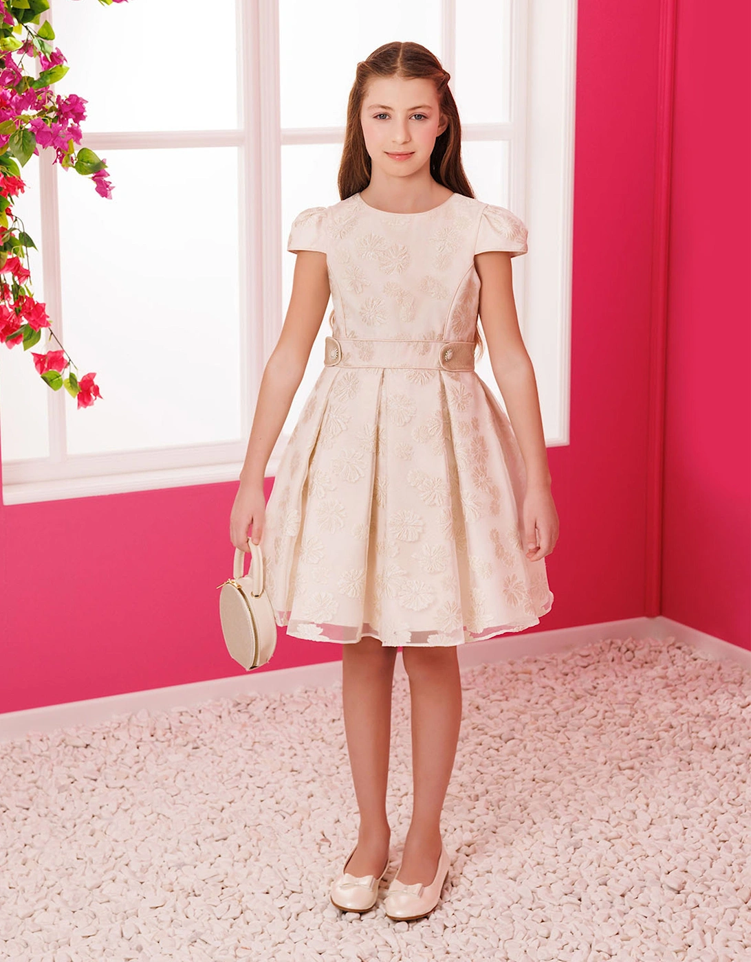 Girls Stylish Dress with Matching Bag in Beige