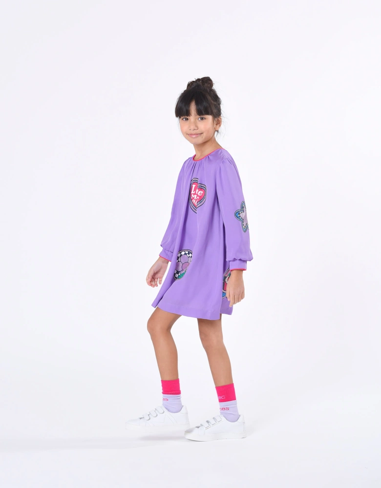 Girls Badge Print Dress in Purple