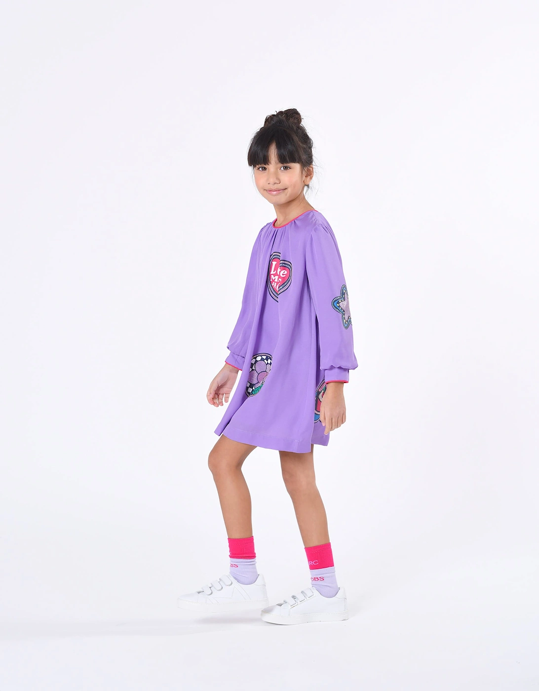 Girls Badge Print Dress in Purple