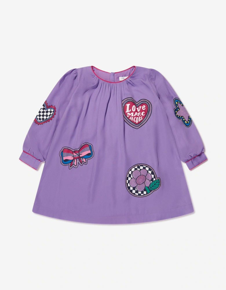 Girls Badge Print Dress in Purple