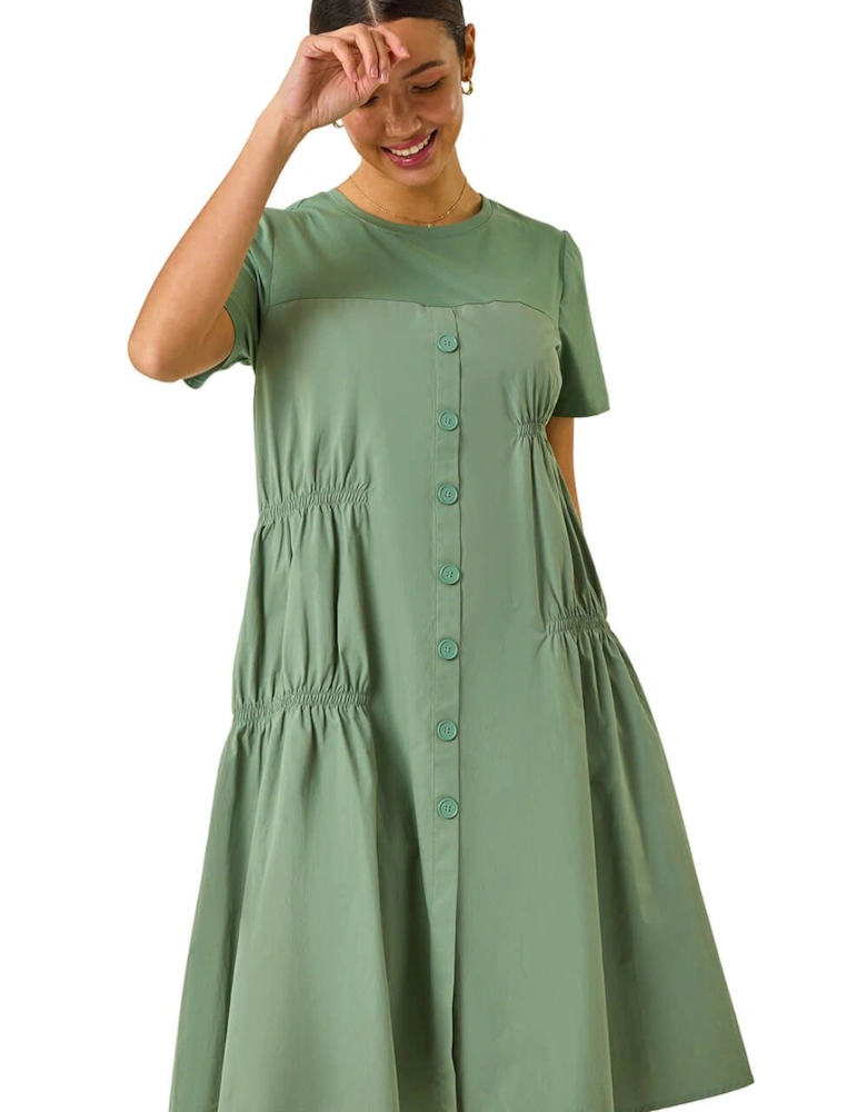 Gathered Cotton Stretch Smock Dress