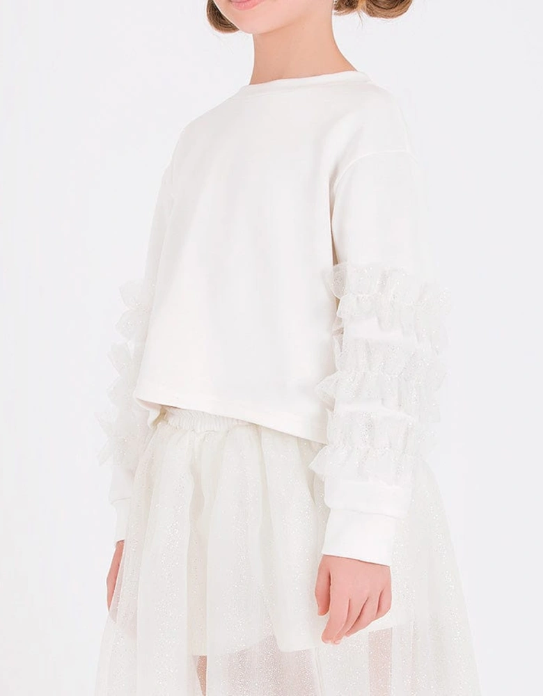 Girls Organza Detailed Sleeve Sweatshirt in White