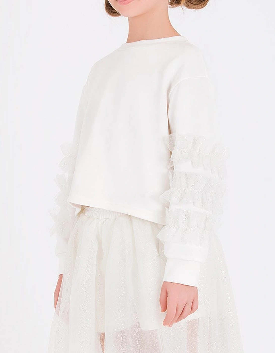 Girls Organza Detailed Sleeve Sweatshirt in White