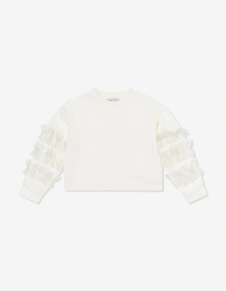 Girls Organza Detailed Sleeve Sweatshirt in White