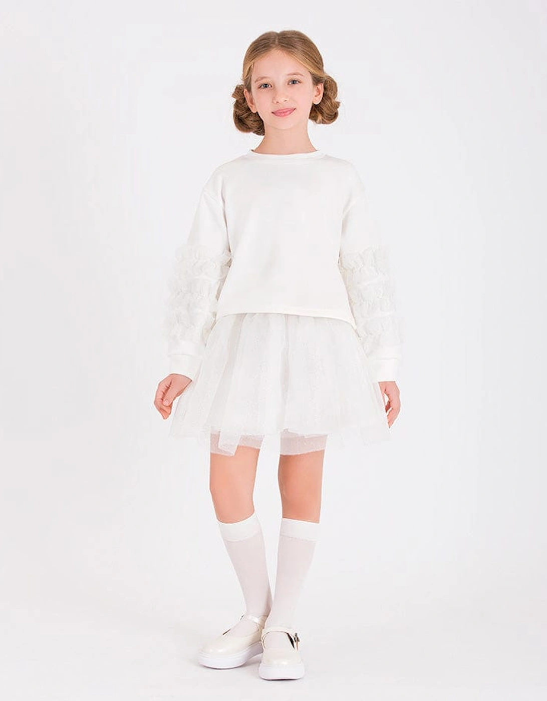 Girls Organza Detailed Sleeve Sweatshirt in White