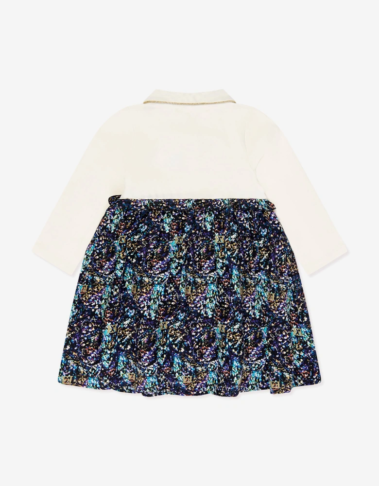 Girls Bi-material Printed Dress in Navy