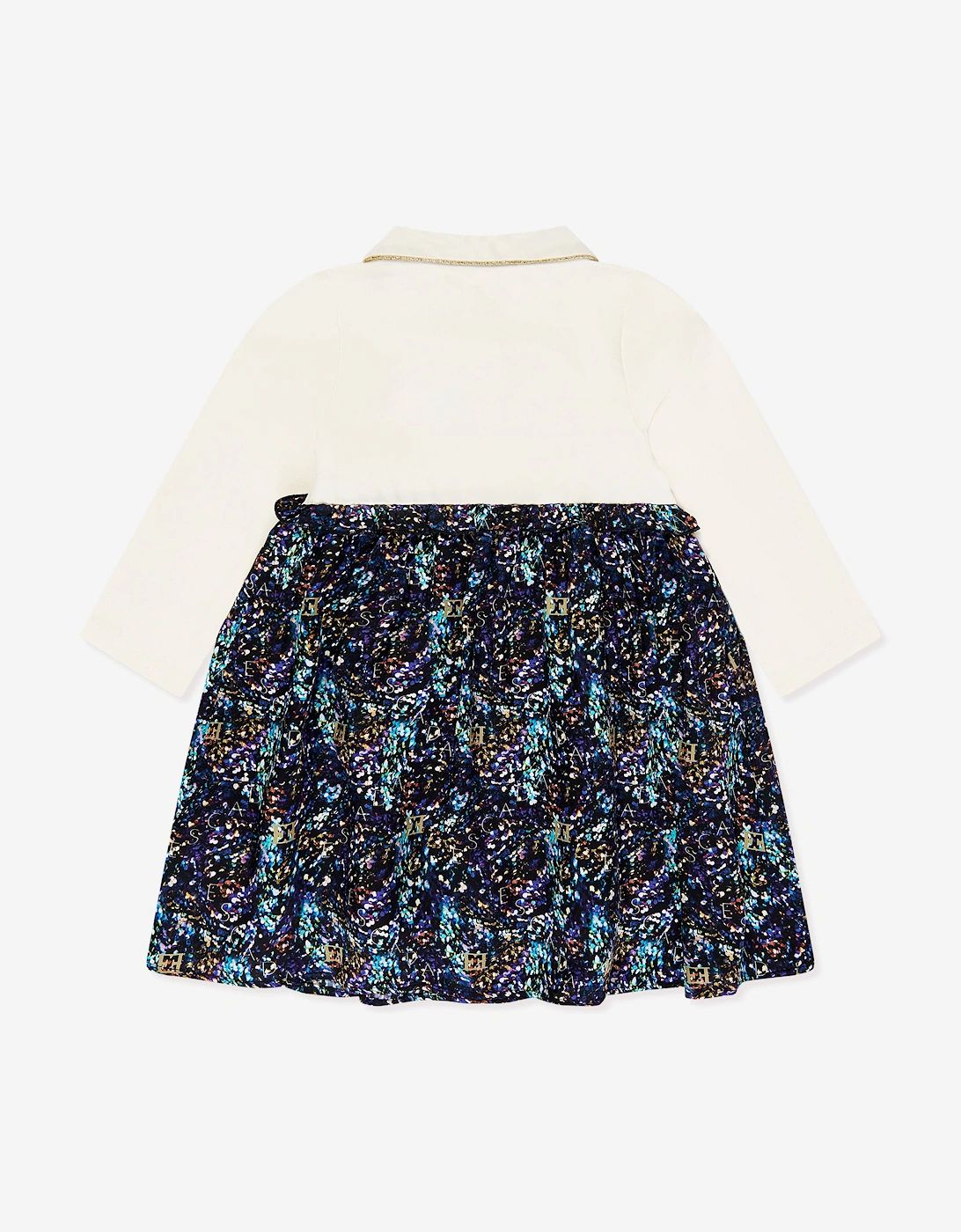 Girls Bi-material Printed Dress in Navy