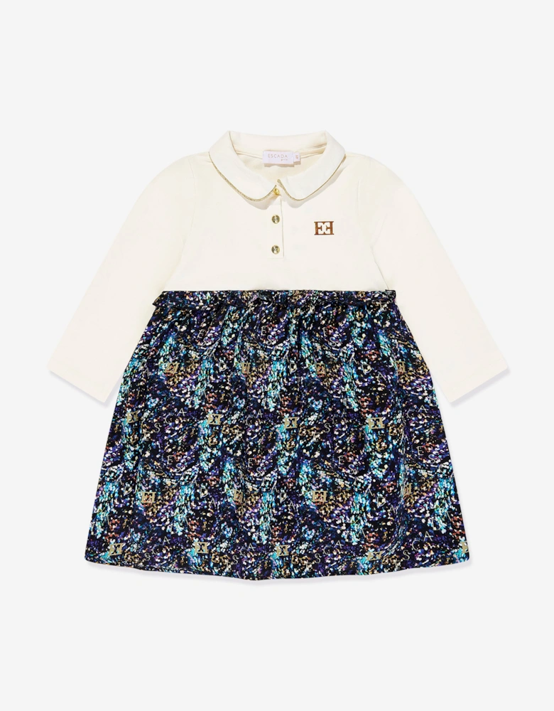 Girls Bi-material Printed Dress in Navy