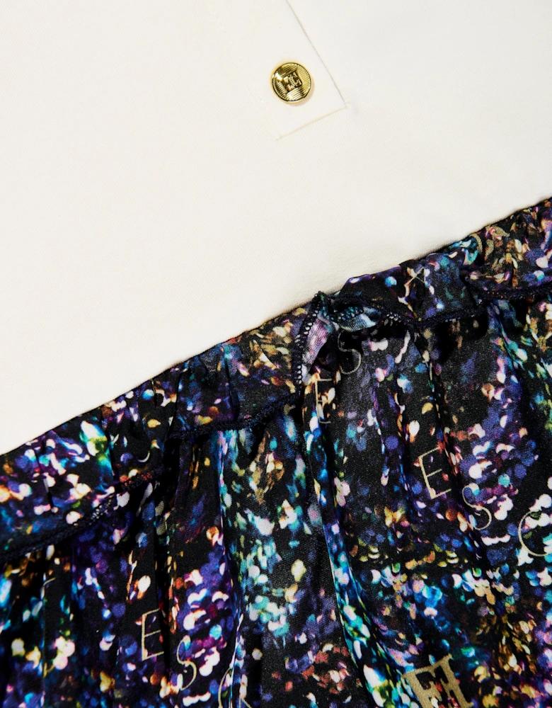Girls Bi-material Printed Dress in Navy