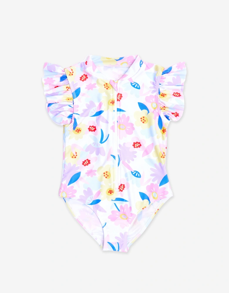 Girls Flower Swimsuit in White (UPF50+)