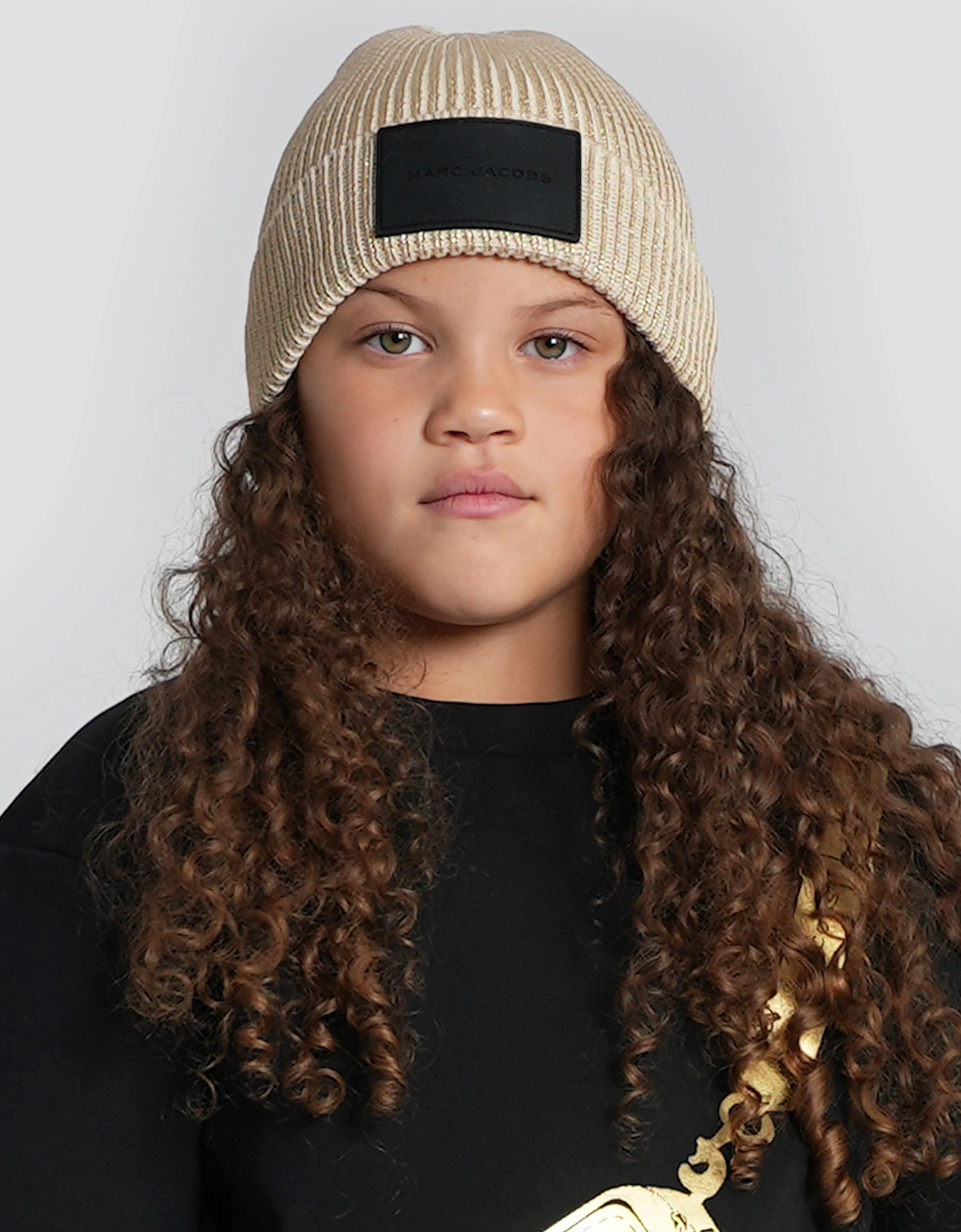 Girls Knitted Logo Beanie Hat in Gold, 6 of 5