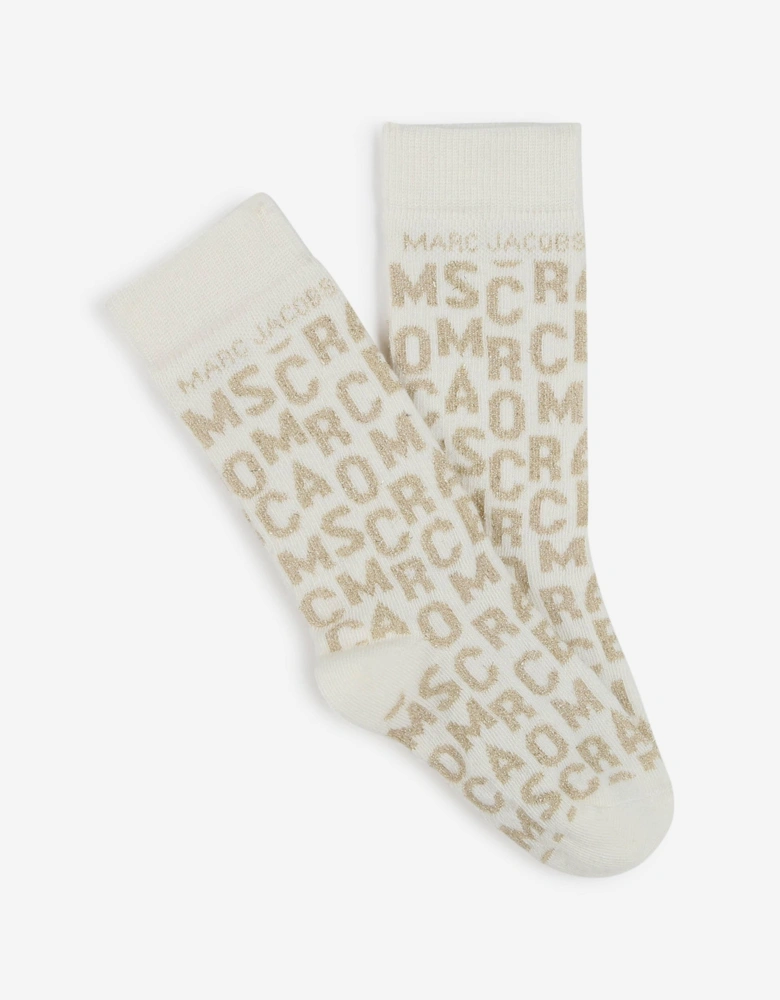 Girls Monogram Jacquard Socks in Ivory