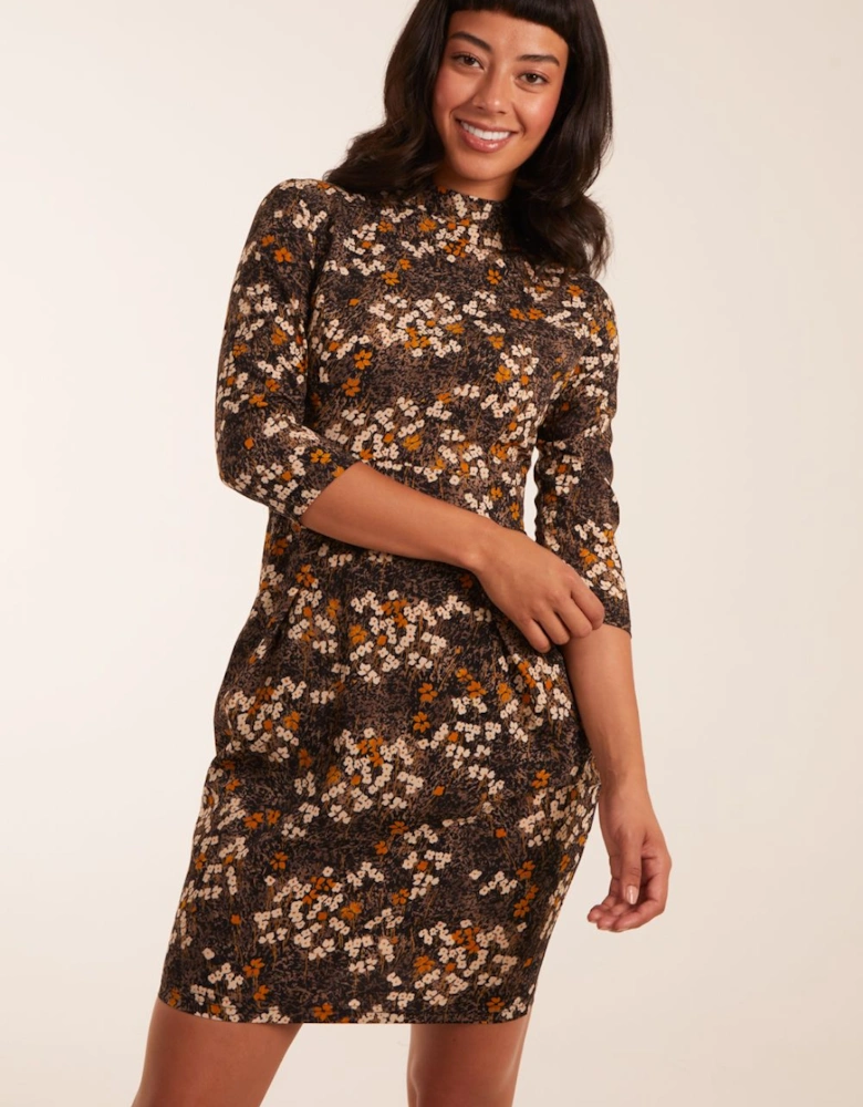 High Neck 3/4 Sleeve Dress With Belt