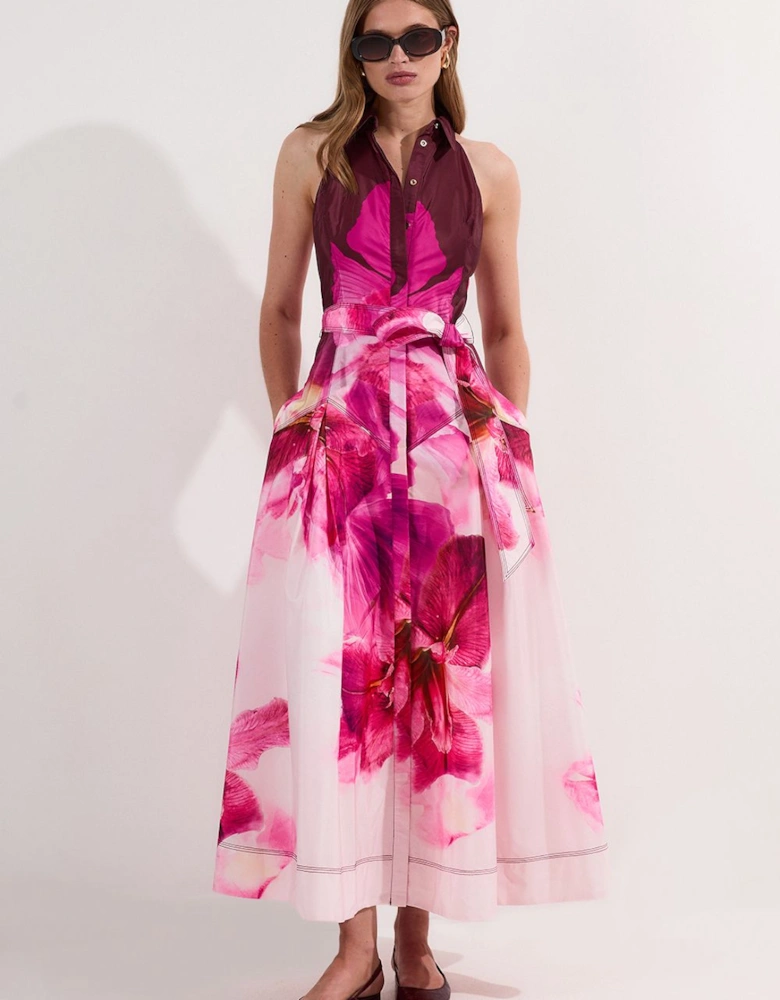 Placed Floral Taffeta Belted Woven Maxi Shirt Dress