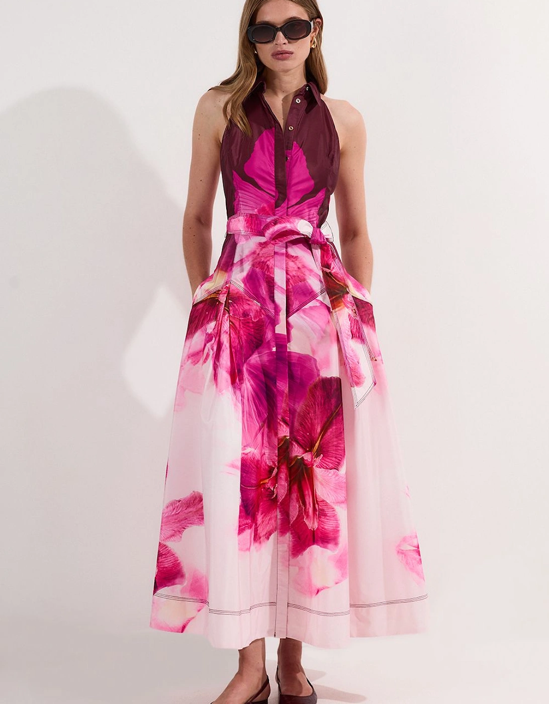 Placed Floral Taffeta Belted Woven Maxi Shirt Dress, 2 of 1