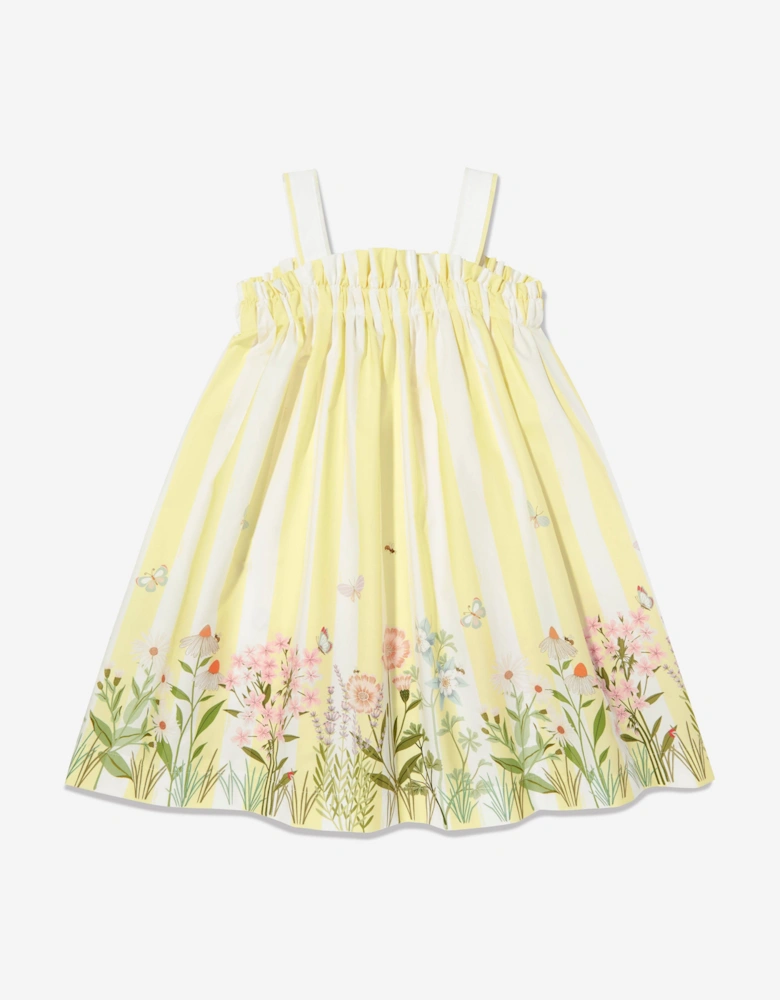 Girls Cotton Striped Flower Dress in Yellow