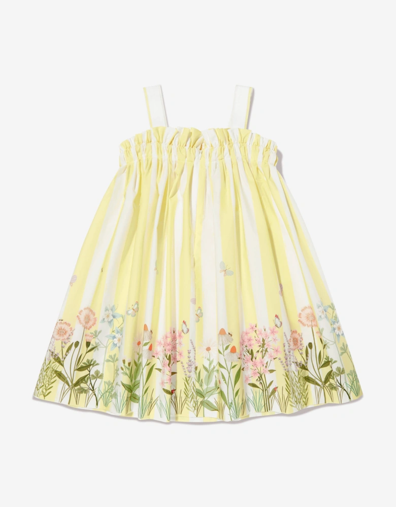 Girls Cotton Striped Flower Dress in Yellow