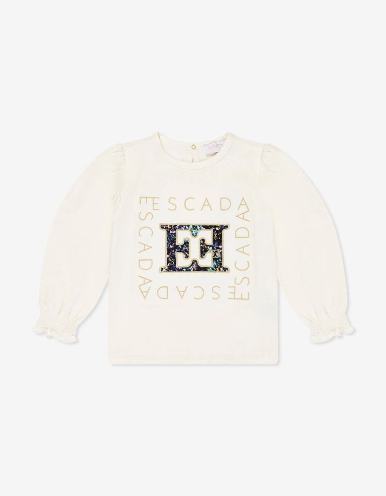 Girls Embroidered Logo Long Sleeve T-Shirt in Ivory